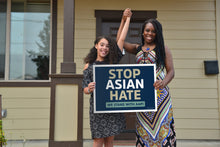 Load image into Gallery viewer, Stop Asian Hate With Blue Background White Border Yard Sign
