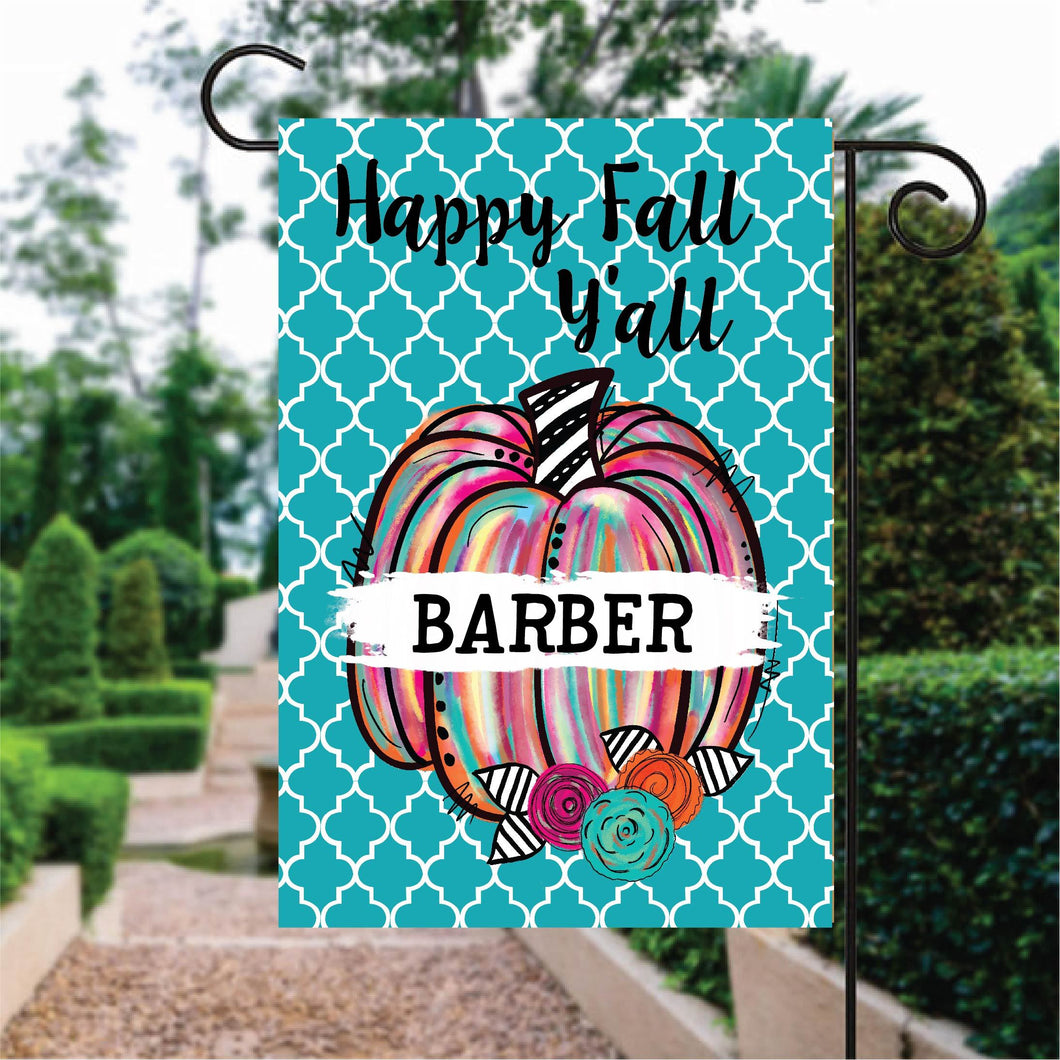 Watercolor Teal Pattern Colorful Pumpkin Custom Name Garden Flag