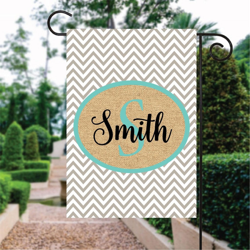 Gray Chevron Pattern Aqua Blue Word Custom Name Garden Flag