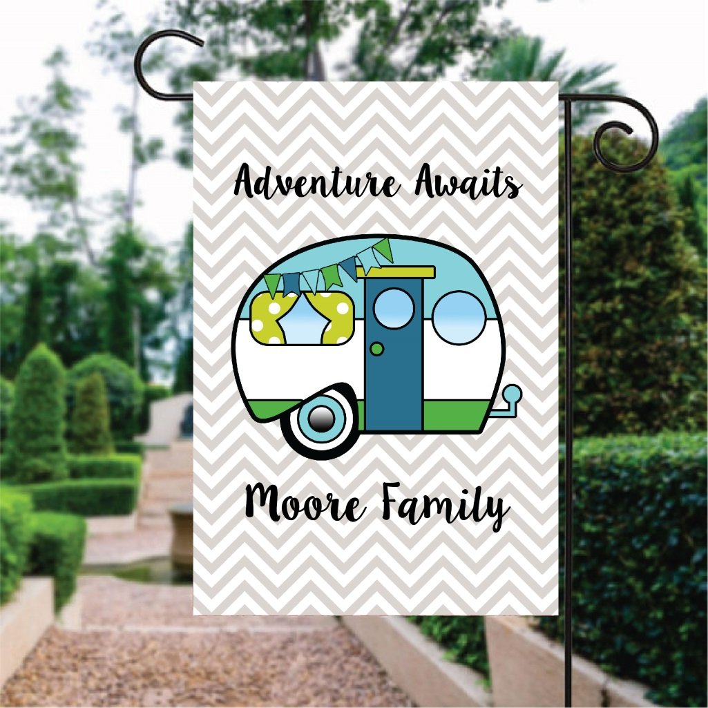 White Chevron Pattern Adventure Camper Car Custom Name Garden Flag