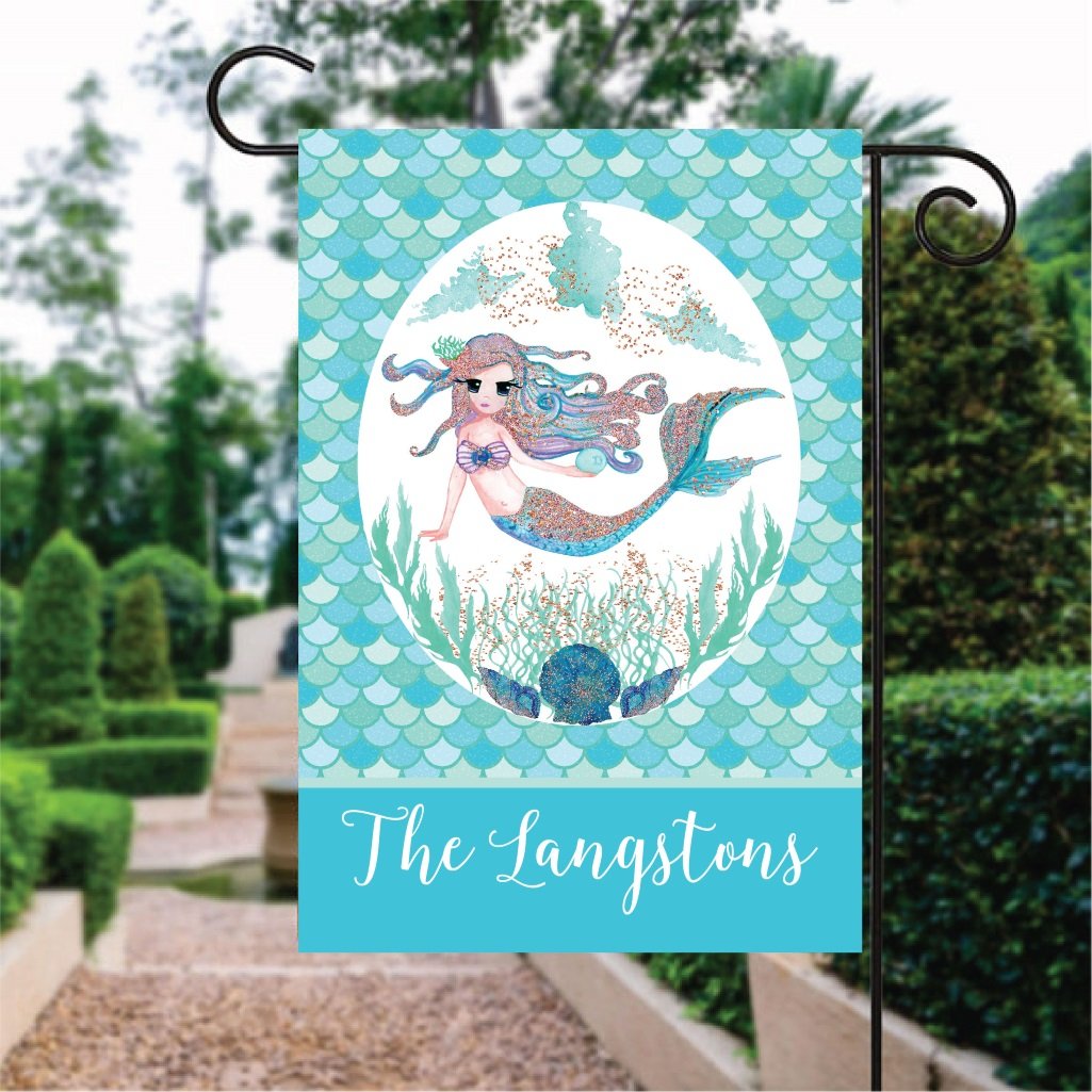 Light Blue Fin Pattern Mermaid Custom Name Garden Flag