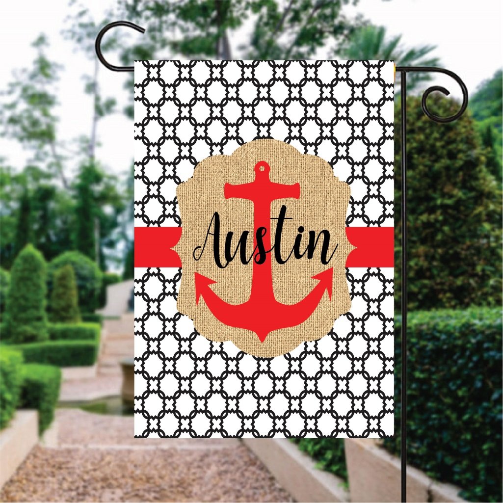 Black Circle Pattern Red Anchor Custom Name Garden Flag