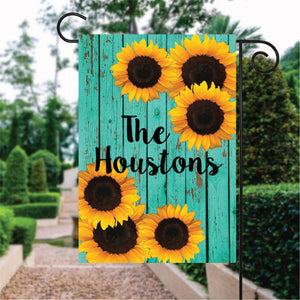 Blue Sea Wood Pattern Sunflower Custom Name Garden Flag