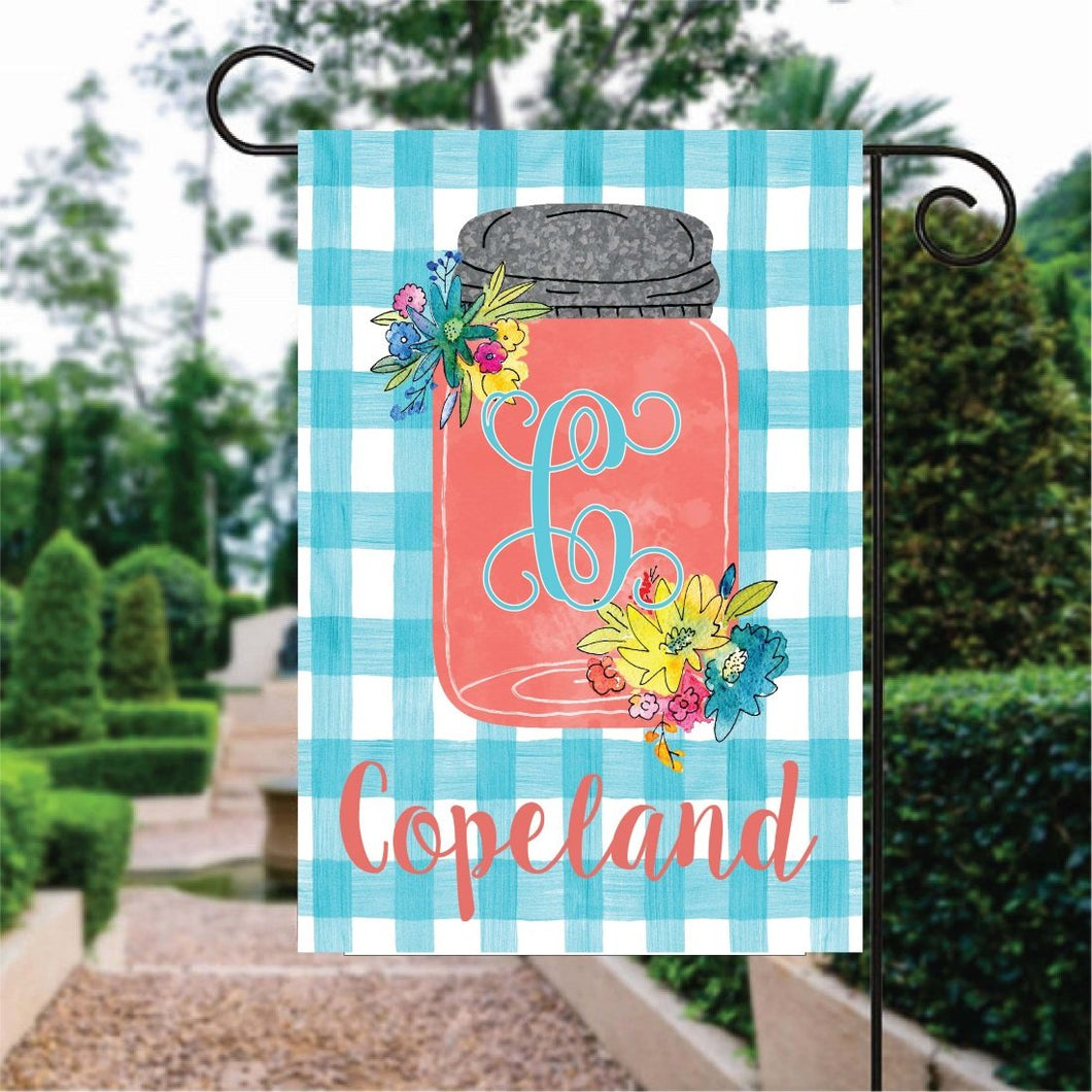Red Glass Bottle Light Blue And White Caro Background Custom Name Garden Flag
