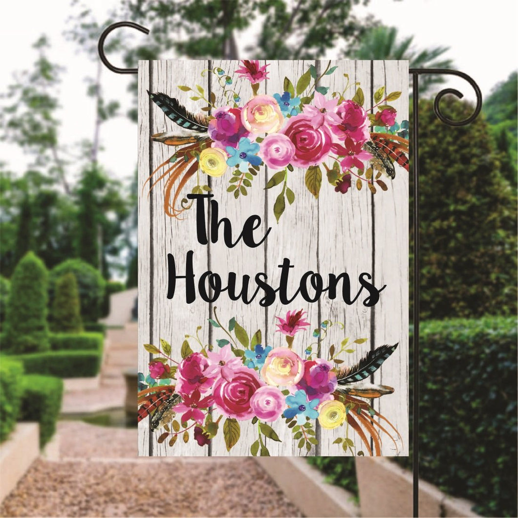 Light Wood Pattern Boho Floral Custom Name Garden Flag
