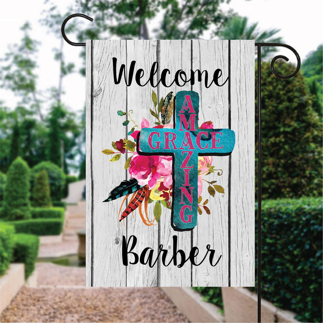 Welcome Amazing Grace Wood Pattern Custom Name Garden Flag