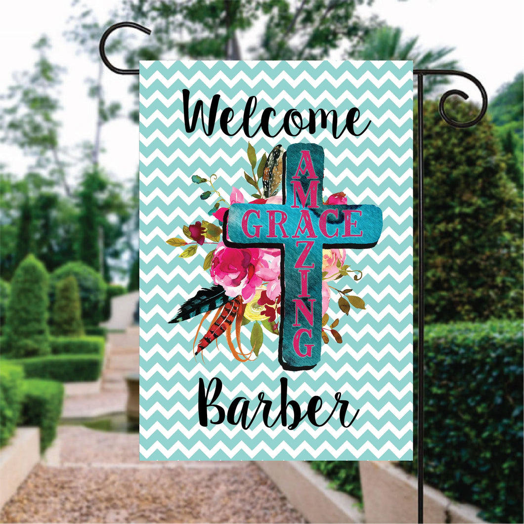 Welcome Amazing Grace Light Blue Chevron Pattern Custom Name Garden Flag