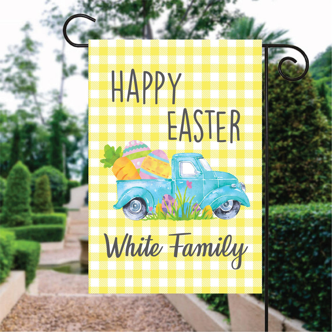 Yellow Caro Pattern Happy Easter Truck Custom Name Garden Flag