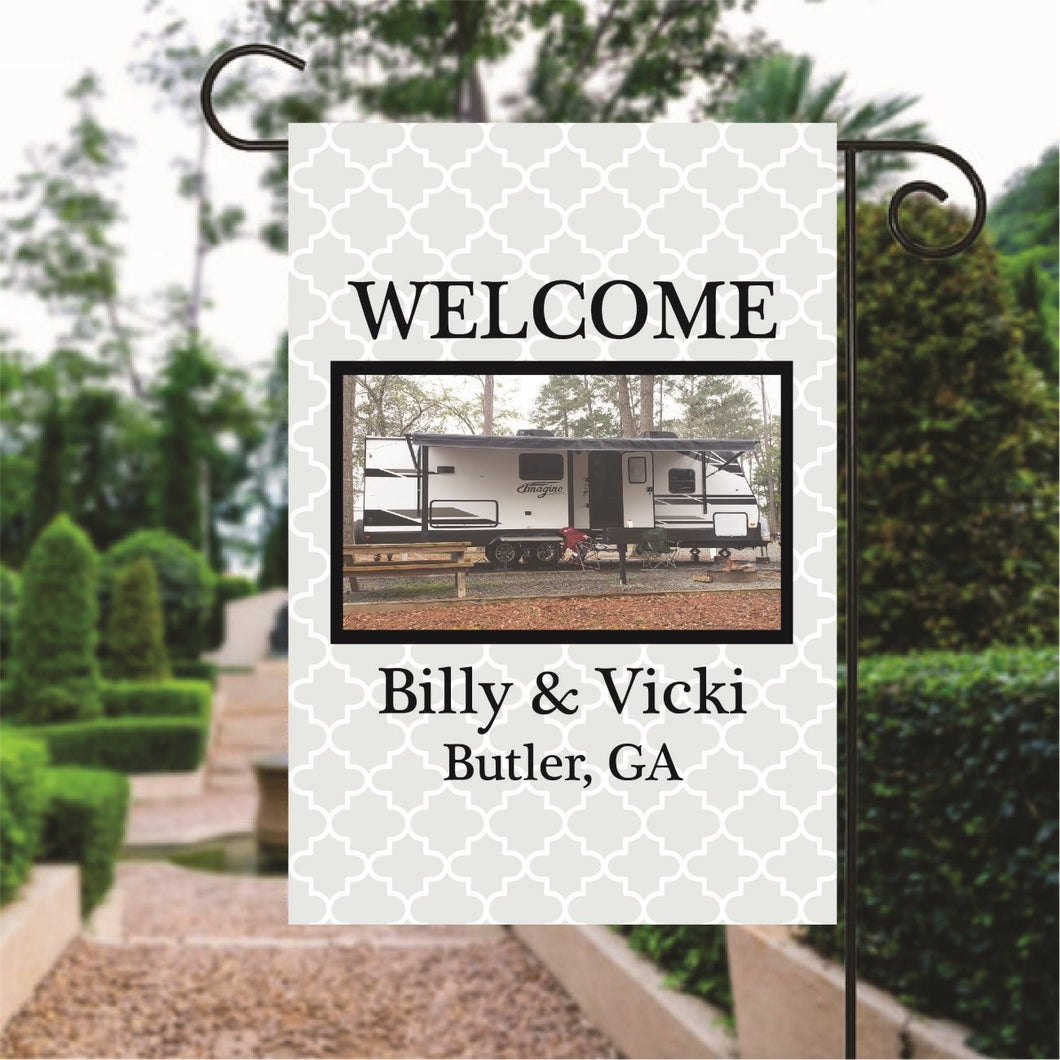 White Moroccan Pattern Camper Trailer Photo Custom Name Garden Flag