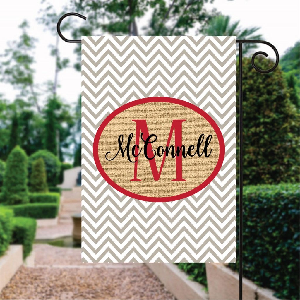 Gray Chevron Pattern Red Word Custom Name Garden Flag