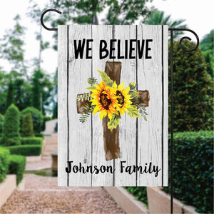 We Believe Wooden Cross White Background Custom Name Garden Flag