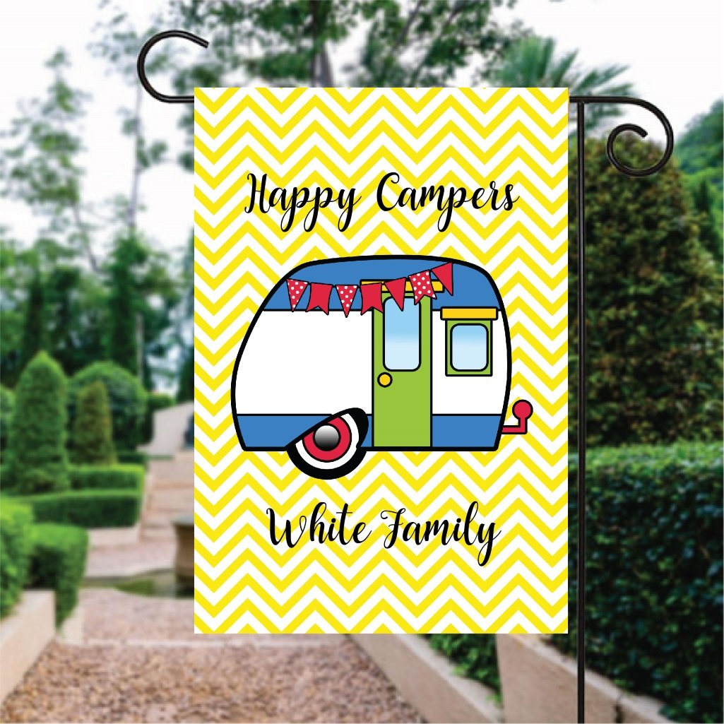 Yellow Chevron Camper Custom Name Garden Flag