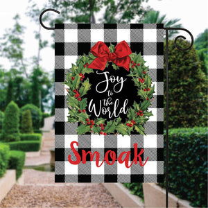 Black And White Caro Pattern Joy To The World Custom Name Garden Flag