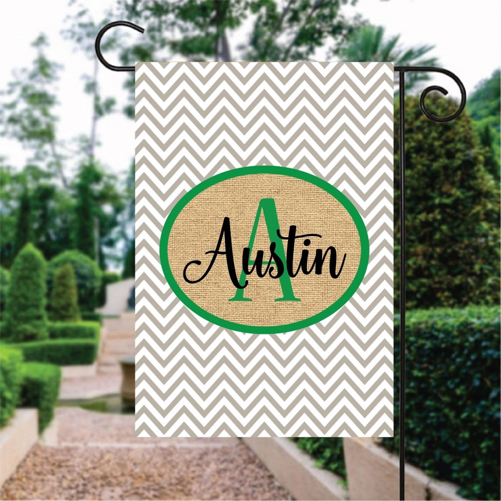 Gray Chevron Pattern With Green Word Custom Name Garden Flag
