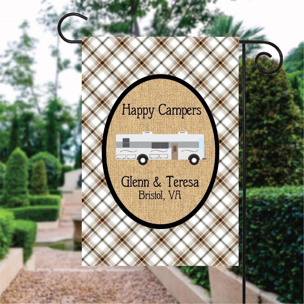 Brown Plaid Pattern Camper Bus Custom Name Garden Flag