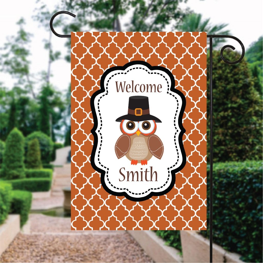 Orange Moroccan Pattern Fall Owl Wear Hat Custom Name Garden Flag