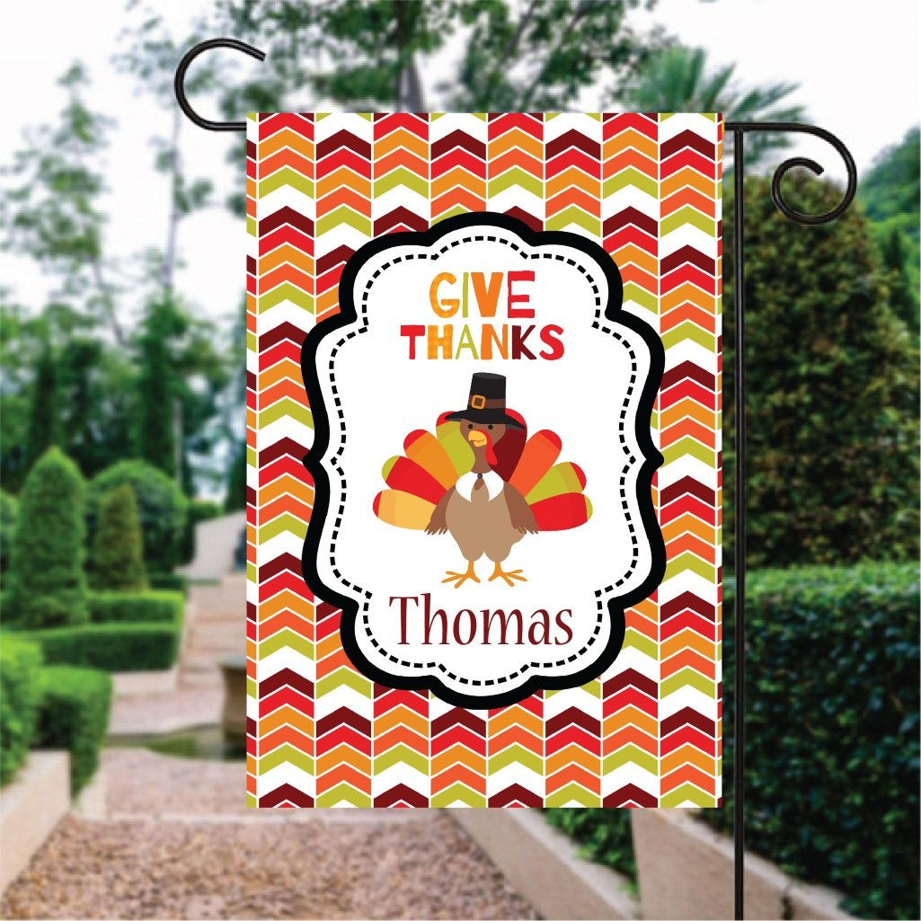 Give Thanks Color Turkey Custom Name Garden Flag