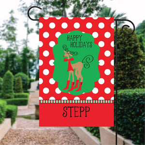 White Polka Dot Pattern Christmas Deer Custom Name Garden Flag