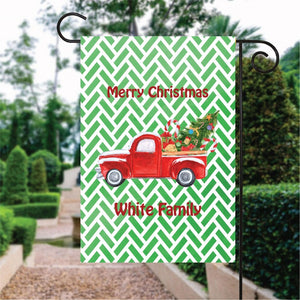 Green Color Pattern Christmas Truck Custom Name Garden Flag