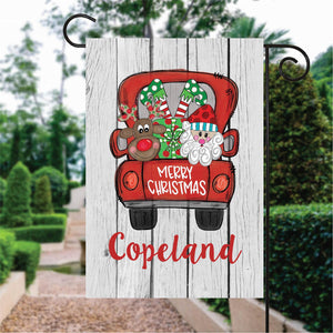 Santa Red Truck Merry Christmas Custom Name Garden Flag